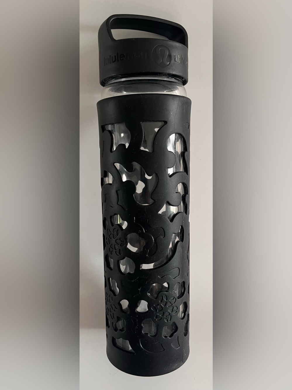 Lululemon Glass Water Bottle Black Laser Cut Silicone Sleeve